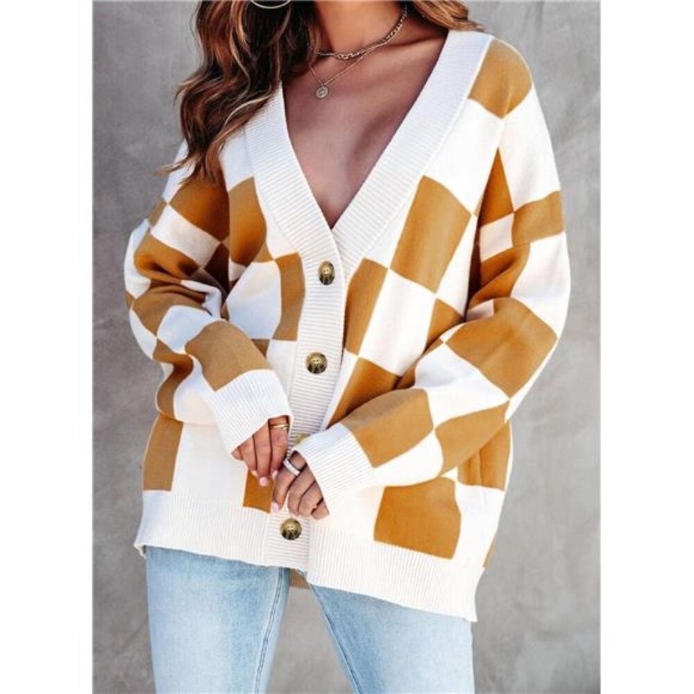 NEW Womens Plaid V Neck Button Down Long Sleeve Cable Knit Oversized Cardigan - Picture 2 of 6